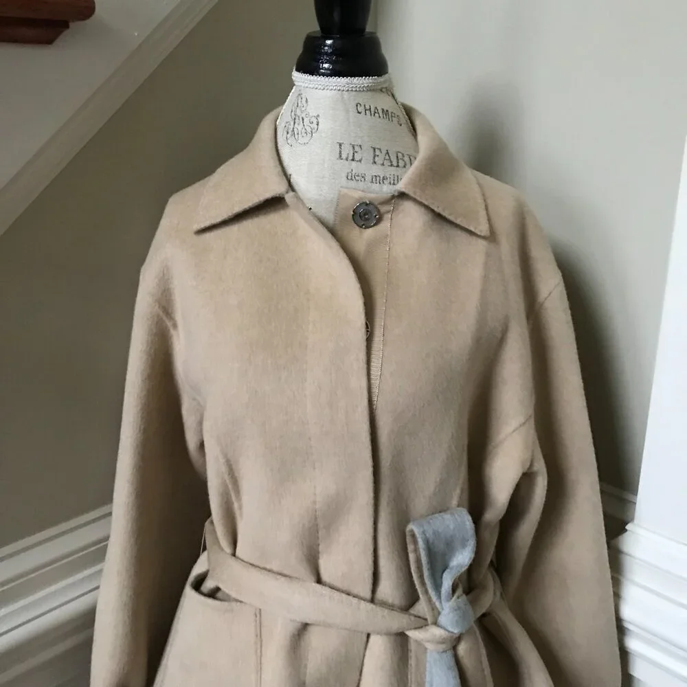 Lafayette 148 Wool Cashmere Reversible Jacket Womens Large Gray Tan Belted Coat
